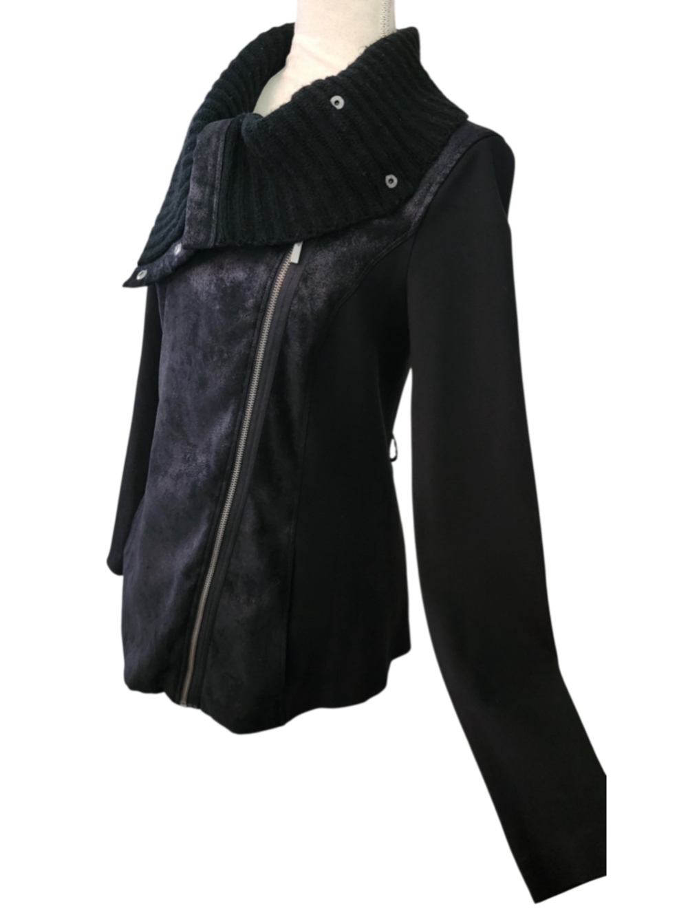 Armani Exchange Black Asymmetric Zip Jacket M Knit Cowl Faux Suede Leather Moto - Picture 2 of 14